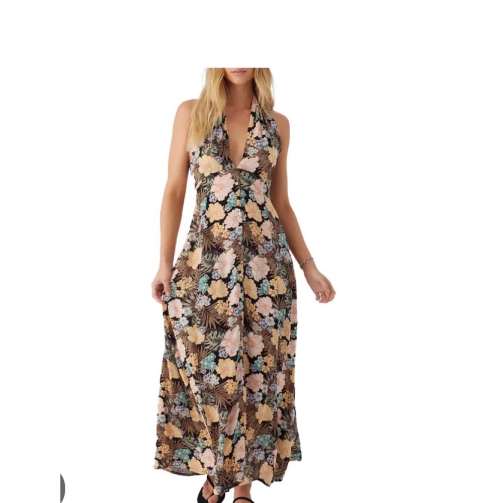 O'Neill Black Halter Maxi Dress with Yellow, Pink & Teal Floral Print